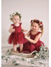 Cap Sleeves Burgundy Lace Tulle Flower Girl Dress